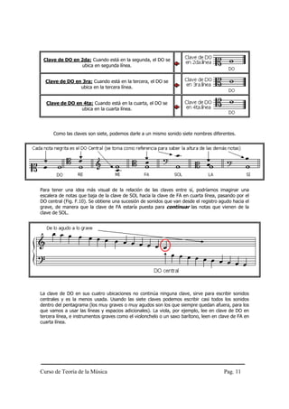 Curso de Teoría de la Música Pag. 11
Clave de DO en 2da: Cuando está en la segunda, el DO se
ubica en segunda línea.
Clave de DO en 3ra: Cuando está en la tercera, el DO se
ubica en la tercera línea.
Clave de DO en 4ta: Cuando está en la cuarta, el DO se
ubica en la cuarta línea.
Como las claves son siete, podemos darle a un mismo sonido siete nombres diferentes.
Para tener una idea más visual de la relación de las claves entre sí, podríamos imaginar una
escalera de notas que baja de la clave de SOL hacia la clave de FA en cuarta línea, pasando por el
DO central (Fig. F.10). Se obtiene una sucesión de sonidos que van desde el registro agudo hacia el
grave, de manera que la clave de FA estaría puesta para continuar las notas que vienen de la
clave de SOL.
La clave de DO en sus cuatro ubicaciones no continúa ninguna clave, sirve para escribir sonidos
centrales y es la menos usada. Usando las siete claves podemos escribir casi todos los sonidos
dentro del pentagrama (los muy graves o muy agudos son los que siempre quedan afuera, para los
que vamos a usar las líneas y espacios adicionales). La viola, por ejemplo, lee en clave de DO en
tercera línea, e instrumentos graves como el violonchelo o un saxo barítono, leen en clave de FA en
cuarta línea.
 