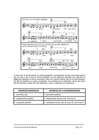 Curso de Teoría de la Música Pag. 111
En este caso, la rearmonización se realizó agregando y reemplazando acordes, pero puede optarse
por una cosa o por la otra en forma individual. Las tres cadencias marcadas (ver cadencias en
NIVEL VI) mantienen el mismo movimiento, tanto en la versión original como en la rearmonización,
por eso se estableció un cuadro comparativo. Las variantes que se obtendrán, dentro del mismo
tipo de cadencias, pueden ser entre auténticas y rotas, o cadencias con sustituciones.
CADENCIAS ORIGINALES CADENCIAS DE LA REARMONIZACIÓN
1 - dominante rota 1 - dominante auténtica
2 - subdominante auténtica 2 - subdominante rota con sust. de IV por II
3 - compuesta auténtica 3 - compuesta rota con sust. de V por VII y de IV por II
 