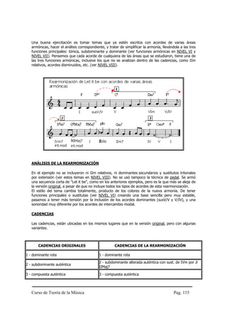 Curso de Teoría de la Música Pag. 115
Una buena ejercitación es tomar temas que ya estén escritos con acordes de varias áreas
armónicas, hacer el análisis correspondiente, y tratar de simplificar la armonía, llevándola a las tres
funciones principales: tónica, subdominante y dominante (ver funciones armónicas en NIVEL VI y
NIVEL VII). Pensemos que cada acorde de cualquiera de las áreas que se estudiaron, tiene una de
las tres funciones armónicas, inclusive los que no se analizan dentro de las cadencias, como IIm
relativos, acordes disminuidos, etc. (ver NIVEL VIII).
ANÁLISIS DE LA REARMONIZACIÓN
En el ejemplo no se incluyeron ni IIm relativos, ni dominantes secundarios y sustitutos tritonales
por extensión (ver estos temas en NIVEL VIII). No se usó tampoco la técnica de pedal. Se armó
una secuencia corta de "Let it be", como en los anteriores ejemplos, pero es la que más se aleja de
la versión original, a pesar de que no incluye todos los tipos de acordes de esta rearmonización.
El estilo del tema cambia totalmente, producto de los colores de la nueva armonía. De tener
funciones principales o sustitutas (ver NIVEL VI) creando una base sencilla pero muy estable,
pasamos a tener más tensión por la inclusión de los acordes dominantes (susV/V y V/IV), y una
sonoridad muy diferente por los acordes de intercambio modal.
CADENCIAS
Las cadencias, están ubicadas en los mismos lugares que en la versión original, pero con algunas
variantes.
CADENCIAS ORIGINALES CADENCIAS DE LA REARMONIZACIÓN
1 - dominante rota 1 - dominante rota
2 - subdominante auténtica
2 - subdominante alterada auténtica con sust. de IVm por b
IIMaj7
3 - compuesta auténtica 3 - compuesta auténtica
 