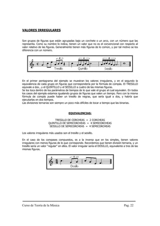 Curso de Teoría de la Música Pag. 22
VALORES IRREGULARES
Son grupos de figuras que están agrupadas bajo un corchete o un arco, con un número que las
representa. Como su nombre lo indica, tienen un valor que no es el convencional con respecto al
valor relativo de las figuras. Generalmente tienen más figuras de lo común, y por tal motivo se los
diferencia con un número.
En el primer pentagrama del ejemplo se muestran los valores irregulares, y en el segundo la
equivalencia de cada grupo en figuras que correspondería por la fórmula de compás. El TRESILLO
equivale a dos , y el QUINTILLO y el SEISILLO a cuatro de las mismas figuras.
Se los toca dentro de los parámetros de tiempos de lo que vale el grupo al cual equivalen. En todos
los casos del ejemplo estamos igualando grupos de figuras que valen un tiempo. Pero con la misma
fórmula de compás puede haber un tresillo de negras, que sería igual a dos, y habría que
ejecutarlas en dos tiempos.
Las divisiones ternarias son siempre un poco más difíciles de tocar a tiempo que las binarias.
EQUIVALENCIAS:
TRESILLO DE CORCHEAS = 2 CORCHEAS
QUINTILLO DE SEMICORCHEAS = 4 SEMICORCHEAS
SEISILLO DE SEMICORCHEAS = 4 SEMICORCHEAS
Los valores irregulares más usados son el tresillo y el seisillo.
En el caso de los compases compuestos, es a la inversa que en los simples, tienen valores
irregulares con menos figuras de lo que corresponde. Recordemos que tienen división ternaria, y un
tresillo sería un valor "regular" en ellos. El valor irregular sería el DOSILLO, equivalente a tres de las
mismas figuras.
 