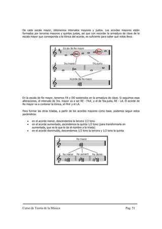 Curso de Teoría de la Música Pag. 51
De cada escala mayor, obtenemos intervalos mayores y justos. Los acordes mayores están
formados por terceras mayores y quintas justas, así que con recordar la armadura de clave de la
escala mayor que corresponda a la tónica del acorde, es suficiente para saber qué notas lleva.
En la escala de Re mayor, tenemos FA y DO sostenidos en la armadura de clave. Si seguimos esas
alteraciones, el intervalo de 3ra. mayor va a ser RE - FA#, y el de 5ta.justa, RE - LA. El acorde de
Re mayor va a contener la tónica, el FA# y el LA.
Para formar las otras tríadas, a partir de los acordes mayores como base, podemos seguir estos
parámetros:
• en el acorde menor, descendemos la tercera 1/2 tono
• en el acorde aumentado, ascendemos la quinta 1/2 tono (para transformarla en
aumentada, que es la que le da el nombre a la tríada)
• en el acorde disminuído, descendemos 1/2 tono la tercera y 1/2 tono la quinta
 