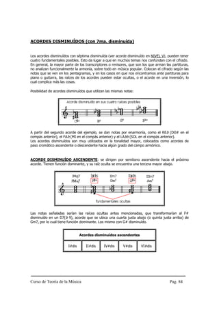 Curso de Teoría de la Música Pag. 84
ACORDES DISMINUÍDOS (con 7ma. disminuída)
Los acordes disminuídos con séptima disminuída (ver acorde disminuído en NIVEL V), pueden tener
cuatro fundamentales posibles. Esto da lugar a que en muchos temas nos confundan con el cifrado.
En general, la mayor parte de los transcriptores o revisores, que son los que arman las partituras,
no analizan funcionalmente la armonía, sobre todo en música popular. Colocan el cifrado según las
notas que se ven en los pentagramas, y en los casos en que nos encontramos ante partituras para
piano o guitarra, las raíces de los acordes pueden estar ocultas, o el acorde en una inversión, lo
cual complica más las cosas.
Posibilidad de acordes disminuídos que utilizan las mismas notas:
A partir del segundo acorde del ejemplo, se dan notas por enarmonía, como el REb (DO# en el
compás anterior), el FAb (MI en el compás anterior) y el LAbb (SOL en el compás anterior).
Los acordes disminuídos son muy utilizados en la tonalidad mayor, colocados como acordes de
paso cromático ascendente o descendente hacia algún grado del campo armónico.
ACORDE DISMINUÍDO ASCENDENTE: se dirigen por semitono ascendente hacia el próximo
acorde. Tienen función dominante, y su raíz oculta se encuentra una tercera mayor abajo.
Las notas señaladas serían las raíces ocultas antes mencionadas, que transformarían al F#
disminuído en un D7(b 9), acorde que se ubica una cuarta justa abajo (o quinta justa arriba) de
Gm7, por lo cual tiene función dominante. Los mismo con G# disminuído.
Acordes disminuídos ascendentes
I#dis II#dis IV#dis V#dis VI#dis
 