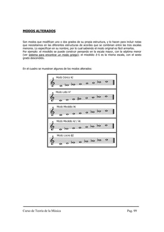 Curso de Teoría de la Música Pag. 99
MODOS ALTERADOS
Son modos que modifican uno o dos grados de su propia estructura, y lo hacen para incluir notas
que necesitamos en las diferentes estructuras de acordes que se combinan entre las tres escalas
menores. Lo especifican en su nombre, por lo cual sabiendo el modo original es fácil armarlos.
Por ejemplo: el mixolidio se puede construir pensando en la escala mayor, con la séptima menor
(ver sistema para encontrar un modo griego); el mixolidio b 6 es la misma escala, con el sexto
grado descendido.
En el cuadro se muestran algunos de los modos alterados:
 