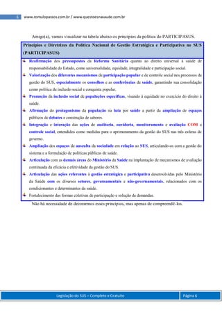 6 www.romulopassos.com.br / www.questoesnasaude.com.br
Legislação do SUS – Completo e Gratuito Página 6
Amigo(a), vamos visualizar na tabela abaixo os princípios da política do PARTICIPASUS.
Princípios e Diretrizes da Política Nacional de Gestão Estratégica e Participativa no SUS
(PARTICIPASUS)
Reafirmação dos pressupostos da Reforma Sanitária quanto ao direito universal à saúde de
responsabilidade do Estado, como universalidade, equidade, integralidade e participação social.
Valorização dos diferentes mecanismos de participação popular e de controle social nos processos de
gestão do SUS, especialmente os conselhos e as conferências de saúde, garantindo sua consolidação
como política de inclusão social e conquista popular.
Promoção da inclusão social de populações específicas, visando à equidade no exercício do direito à
saúde.
Afirmação do protagonismo da população na luta por saúde a partir da ampliação de espaços
públicos de debates e construção de saberes.
Integração e interação das ações de auditoria, ouvidoria, monitoramento e avaliação COM o
controle social, entendidos como medidas para o aprimoramento da gestão do SUS nas três esferas de
governo.
Ampliação dos espaços de ausculta da sociedade em relação ao SUS, articulando-os com a gestão do
sistema e a formulação de políticas públicas de saúde.
Articulação com as demais áreas do Ministério da Saúde na implantação de mecanismos de avaliação
continuada da eficácia e efetividade da gestão do SUS.
Articulação das ações referentes à gestão estratégica e participativa desenvolvidas pelo Ministério
da Saúde com os diversos setores, governamentais e não-governamentais, relacionados com os
condicionantes e determinantes da saúde.
Fortalecimento das formas coletivas de participação e solução de demandas.
Não há necessidade de decorarmos esses princípios, mas apenas de compreendê-los.
 