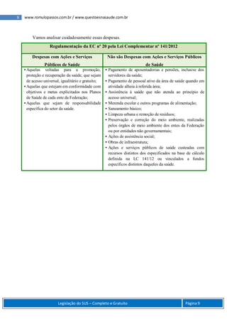 9 www.romulopassos.com.br / www.questoesnasaude.com.br
Legislação do SUS – Completo e Gratuito Página 9
Vamos analisar cuidadosamente essas despesas.
Regulamentação da EC nº 20 pela Lei Complementar nº 141/2012
Despesas com Ações e Serviços
Públicos de Saúde
Não são Despesas com Ações e Serviços Públicos
de Saúde
Aquelas voltadas para a promoção,
proteção e recuperação da saúde, que sejam
de acesso universal, igualitário e gratuito;
Aquelas que estejam em conformidade com
objetivos e metas explicitados nos Planos
de Saúde de cada ente da Federação;
Aquelas que sejam de responsabilidade
específica do setor da saúde.
 Pagamento de aposentadorias e pensões, inclusive dos
servidores da saúde;
 Pagamento de pessoal ativo da área de saúde quando em
atividade alheia à referida área;
 Assistência à saúde que não atenda ao princípio de
acesso universal;
 Merenda escolar e outros programas de alimentação;
 Saneamento básico;
 Limpeza urbana e remoção de resíduos;
 Preservação e correção do meio ambiente, realizadas
pelos órgãos de meio ambiente dos entes da Federação
ou por entidades não governamentais;
 Ações de assistência social;
 Obras de infraestrutura;
 Ações e serviços públicos de saúde custeadas com
recursos distintos dos especificados na base de cálculo
definida na LC 141/12 ou vinculados a fundos
específicos distintos daqueles da saúde.
 