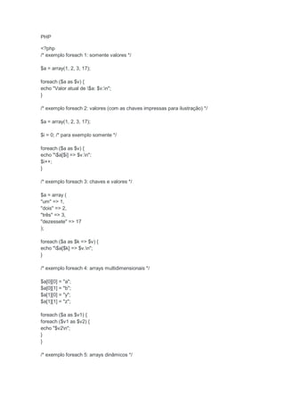 PHP

<?php
/* exemplo foreach 1: somente valores */

$a = array(1, 2, 3, 17);

foreach ($a as $v) {
echo "Valor atual de $a: $v.n";
}

/* exemplo foreach 2: valores (com as chaves impressas para ilustração) */

$a = array(1, 2, 3, 17);

$i = 0; /* para exemplo somente */

foreach ($a as $v) {
echo "$a[$i] => $v.n";
$i++;
}

/* exemplo foreach 3: chaves e valores */

$a = array (
"um" => 1,
"dois" => 2,
"três" => 3,
"dezessete" => 17
);

foreach ($a as $k => $v) {
echo "$a[$k] => $v.n";
}

/* exemplo foreach 4: arrays multidimensionais */

$a[0][0] = "a";
$a[0][1] = "b";
$a[1][0] = "y";
$a[1][1] = "z";

foreach ($a as $v1) {
foreach ($v1 as $v2) {
echo "$v2n";
}
}

/* exemplo foreach 5: arrays dinâmicos */
 