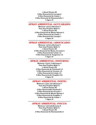 1 Alcool Neutro 85
                 2 Oleo Essencial de Laranja 2
                   3 Oleo Essencial de Limão 1
             4 Oleo Essencial de Rosemarinho 1
                                 5 Agua 10
--------------------------------------------------------------------------------
-SPRAY           AMBIENTAL (AÇUCARADO)
                   Misturar 1,2,3,4 adicionar 5
                    Fase Seq Produto Qtde(%)
                          1 Alcool Neutro 85
            2 Oleo Essencial de Menta Spicata 3
                   3 Oleo Essencial de Limão 1
                 4 Oleo Essencial de Laranja 1
                                 5 Agua 10
--------------------------------------------------------------------------------
-SPRAY            AMBIENTAL (ADOCICADO)
                   Misturar 1,2,3,4 adicionar 5
                    Fase Seq Produto Qtde(%)
                          1 Alcool Neutro 85
           2 Oleo Essencial de Menta Arvensis 2
                 3 Oleo Essencial de Limão 1,5
              4 Oleo Essencial de Tangerina 1,5
                                 5 Agua 10
--------------------------------------------------------------------------------
   -SPRAY AMBIENTAL (NOTURNO)
                 Misturar 1,2,3,4 ,5 adicionar 6
                    Fase Seq Produto Qtde(%)
                          1 Alcool Neutro 85
               2 Oleo Essencial de Patchouli 1,5
                3 Oleo Essencial de Geranio 1,5
                 4 Oleo Essencial de Limão 1,5
               5 Oleo Essencial de Gengibre 0,5
                                 6 Agua 10
--------------------------------------------------------------------------------
       -SPRAY AMBIENTAL (NOITE)
                Misturar 1,2,3,4, 5,6 adicionar 7
                    Fase Seq Produto Qtde(%)
                          1 Alcool Neutro 85
                2 Oleo Essencialde Patchouli 1
                 3 Oleo Essencial de Geranio 1
            4 Oleo Essencial de Menta Spicata 1
                5 Oleo Essencial de Gengibre 1
                   6 Oleo Essencial de Limão 1
                                 7 Agua 10
--------------------------------------------------------------------------------
      -SPRAY AMBIENTAL (FOCUS)
            Misturar 1,2,3,4,5adicionar 6
             Fase Seq Produto Qtde(%)
                 1 Alcool Neutro 85
         2 Oleo Essencial de Rosemarinho 2
 