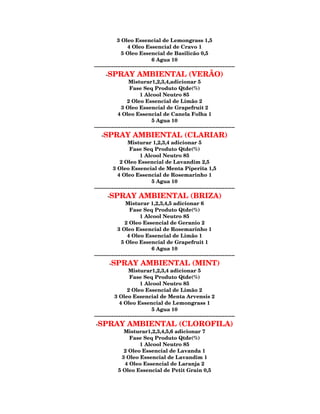 3 Oleo Essencial de Lemongrass 1,5
                   4 Oleo Essencial de Cravo 1
               5 Oleo Essencial de Basilicão 0,5
                                 6 Agua 10
--------------------------------------------------------------------------------
       -SPRAY AMBIENTAL (VERÃO)
                   Misturar1,2,3,4,adicionar 5
                    Fase Seq Produto Qtde(%)
                          1 Alcool Neutro 85
                   2 Oleo Essencial de Limão 2
               3 Oleo Essencial de Grapefruit 2
             4 Oleo Essencial de Canela Folha 1
                                 5 Agua 10
--------------------------------------------------------------------------------
    -SPRAY AMBIENTAL (CLARIAR)
                   Misturar 1,2,3,4 adicionar 5
                    Fase Seq Produto Qtde(%)
                          1 Alcool Neutro 85
              2 Oleo Essencial de Lavandim 2,5
           3 Oleo Essencial de Menta Piperita 1,5
             4 Oleo Essencial de Rosemarinho 1
                                 5 Agua 10
--------------------------------------------------------------------------------
        -SPRAY AMBIENTAL (BRIZA)
                  Misturar 1,2,3,4,5 adicionar 6
                    Fase Seq Produto Qtde(%)
                          1 Alcool Neutro 85
                 2 Oleo Essencial de Geranio 2
             3 Oleo Essencial de Rosemarinho 1
                   4 Oleo Essencial de Limão 1
               5 Oleo Essencial de Grapefruit 1
                                 6 Agua 10
--------------------------------------------------------------------------------
         -SPRAY AMBIENTAL (MINT)
                   Misturar1,2,3,4 adicionar 5
                    Fase Seq Produto Qtde(%)
                          1 Alcool Neutro 85
                   2 Oleo Essencial de Limão 2
           3 Oleo Essencial de Menta Arvensis 2
              4 Oleo Essencial de Lemongrass 1
                                 5 Agua 10
--------------------------------------------------------------------------------
-SPRAY AMBIENTAL (CLOROFILA)
        Misturar1,2,3,4,5,6 adicionar 7
          Fase Seq Produto Qtde(%)
              1 Alcool Neutro 85
        2 Oleo Essencial de Lavanda 1
       3 Oleo Essencial de Lavandim 1
        4 Oleo Essencial de Laranja 2
     5 Oleo Essencial de Petit Grain 0,5
 