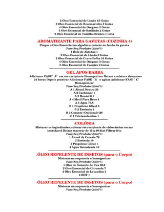 2 Oleo Essencial de Limão 15 Gotas
                      3 Oleo Essencial de Rosemarinho 5 Gotas
                          4 Oleo Essencial de Oregano 2 Gotas
                          5 Oleo Essencial de Basilicão 2 Gotas
                     6 Oleo Essencial de Tomilho Branco 1 Gota
              --------------------------------------------------------------------------------
    -AROMATIZANTE PARA GAVETAS (COZINHA 4)
      Pingar o Oleo Essencial no algodão e colocar no fundo da gaveta
                               Fase Seq Produto Qtde(%)
                                    1 Bola de Algodão 1
                         2 Oleo Essencial de Limão 8 Gotas
                   3 Oleo Essencial de Cravo Folha 10 Gotas
                       4 Oleo Essencial de Oregano 5 Gotas
                       5 Oleo Essencial de Coentro 2 Gotas
            ------------------------------------------------------------------------------
                          -GEL APOS BARBA
Adicionar FASE 'A' em um recipiente Homogenizar Deixar a mistura descansar
   24 horas Depois peneirar Adicionar FASE 'B' e agitar Adicionar FASE 'C'
                                     Homogenizar
                           Fase Seq Produto Qtde(%)
                               A 1 Álcool Neutro 20
                                   A 2 Carbomer 1
                                    A 3 Mentol 0,1
                              A 4 Metil Para Beno 1
                                     A 5 Água 70,8
                              B 1 Propileno Glicol 5
                                    B 2 Essência 2
                           B 3 Corante (Opcional) QS
                               C 1 Trietanolamina 1
                     ----------------------------------------------------
                                         -COLÔNIA
   Misturar os ingredientes, colocar em recipiente de vidro ámbar ou aço
           inoxidavel Deixar macerar de 15 à 90 dias Filtrar frio
                                Fase Seq Produto Qtde(%)
                                   1 Álcool de Cereais 79
                                          2 Essência 10
                                     3 Propileno Glicol 1
                                   4 Água Deionizada 10
            --------------------------------------------------------------------------------
    -ÓLEO       REPELENTE DE INSETOS (para o Corpo)
                         Misturar na sequencia e homogenizar
                                  Fase Seq Produto Qtde(%)
                               1 Óleo de Semente de Uva 89,9
                              2 Óleo Essencial de Citronela 7
                              3 Óleo Essencial de Lavandim 3
                                                4 BHT 1
              --------------------------------------------------------------------------------
    -ÓLEO       REPELENTE DE INSETOS (para o Corpo)
                        Misturar na sequencia e homogenizar
                             Fase Seq Produto Qtde(%)
 
