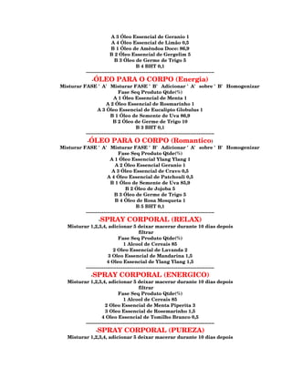 A 3 Óleo Essencial de Geranio 1
                            A 4 Óleo Essencial de Limão 0,5
                            B 1 Óleo de Amêndoa Doce: 86,9
                           B 2 Óleo Essencial de Gergelim 5
                              B 3 Óleo de Germe de Trigo 5
                                           B 4 BHT 0,1
            --------------------------------------------------------------------------------
              -ÓLEO PARA O CORPO (Energia)
Misturar FASE 'A' Misturar FASE 'B' Adicionar 'A' sobre 'B' Homogenizar
                              Fase Seq Produto Qtde(%)
                           A 1 Óleo Essencial de Menta 1
                      A 2 Óleo Essencial de Rosmarinho 1
                 A 3 Óleo Essencial de Eucalipto Globulus 1
                         B 1 Óleo de Semente de Uva 86,9
                           B 2 Óleo de Germe de Trigo 10
                                         B 3 BHT 0,1
          --------------------------------------------------------------------------------
           -ÓLEO PARA O CORPO (Romantico)
Misturar FASE 'A' Misturar FASE 'B' Adicionar 'A' sobre 'B' Homogenizar
                              Fase Seq Produto Qtde(%)
                         A 1 Óleo Essencial Ylang Ylang 1
                            A 2 Óleo Essencial Geranio 1
                          A 3 Óleo Essencial de Cravo 0,5
                       A 4 Óleo Essencial de Patchouli 0,5
                         B 1 Óleo de Semente de Uva 85,9
                                  B 2 Óleo de Jojoba 5
                            B 3 Óleo de Germe de Trigo 5
                            B 4 Óleo de Rosa Mosqueta 1
                                         B 5 BHT 0,1
          --------------------------------------------------------------------------------
                  -SPRAY CORPORAL (RELAX)
   Misturar 1,2,3,4, adicionar 5 deixar macerar durante 10 dias depois
                                           filtrar
                              Fase Seq Produto Qtde(%)
                                 1 Alcool de Cereais 85
                           2 Oleo Essencial de Lavanda 2
                        3 Oleo Essencial de Mandarina 1,5
                       4 Oleo Essencial de Ylang Ylang 1,5
          --------------------------------------------------------------------------------
             -SPRAY CORPORAL (ENERGICO)
   Misturar 1,2,3,4, adicionar 5 deixar macerar durante 10 dias depois
                                           filtrar
                              Fase Seq Produto Qtde(%)
                                 1 Alcool de Cereais 85
                      2 Oleo Essencial de Menta Piperita 3
                      3 Oleo Essencial de Rosemarinho 1,5
                    4 Oleo Essencial de Tomilho Branco 0,5
          --------------------------------------------------------------------------------
              -SPRAY CORPORAL (PUREZA)
   Misturar 1,2,3,4, adicionar 5 deixar macerar durante 10 dias depois
 