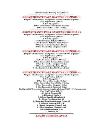 4 Oleo Essencial de Ylang Ylang 5 Gotas
               --------------------------------------------------------------------------------
    -AROMATIZANTE PARA GAVETAS (COZINHA 1)
      Pingar o Oleo Essencial no algodão e colocar no fundo da gaveta
                               Fase Seq Produto Qtde(%)
                                    1 Bola de Algodão 1
                   2 Oleo Essencial de Cravo Folha 20 Gotas
                         3 Oleo Essencial de Limão 5 Gotas
           --------------------------------------------------------------------------------
    -AROMATIZANTE PARA GAVETAS (COZINHA 2                                                         )
      Pingar o Oleo Essencial no algodão e colocar no fundo da gaveta
                               Fase Seq Produto Qtde(%)
                                    1 Bola de Algodão 1
                        2 Oleo Essencial de Limão 15 Gotas
                    3 Oleo Essencial de Cravo Folha 5 Gotas
                       4 Oleo Essencial de Basilicão 2 Gotas
                       5 Oleo Essencial de Oregano 3 Gotas
           --------------------------------------------------------------------------------
    -AROMATIZANTE PARA GAVETAS (COZINHA 3)
      Pingar o Oleo Essencial no algodão e colocar no fundo da gaveta
                               Fase Seq Produto Qtde(%)
                                    1 Bola de Algodão 1
                        2 Oleo Essencial de Limão 15 Gotas
                   3 Oleo Essencial de Rosemarinho 5 Gotas
                       4 Oleo Essencial de Oregano 2 Gotas
                       5 Oleo Essencial de Basilicão 2 Gotas
                  6 Oleo Essencial de Tomilho Branco 1 Gota
           --------------------------------------------------------------------------------
    -AROMATIZANTE PARA GAVETAS (COZINHA 4)
      Pingar o Oleo Essencial no algodão e colocar no fundo da gaveta
                                 Fase Seq Produto Qtde(%)
                                      1 Bola de Algodão 1
                           2 Oleo Essencial de Limão 8 Gotas
                     3 Oleo Essencial de Cravo Folha 10 Gotas
                         4 Oleo Essencial de Oregano 5 Gotas
                         5 Oleo Essencial de Coentro 2 Gotas
Resfriar até 35ºC mantendo homogenização Adicionar FASE 'C'.Homogenizar
                                 Fase Seq Produto Qtde(%)
                                   A 1 2-Octil Dodecanol 6
                                    A 2 Oleato de Decila 6
                             A 3 Álcool Laurilico Etoxilado 4
                              A 4 Álcool Ceto Estearilico 3,5
                   A 5 Base Auto Emulsionante para Crème 3,5
                              A 6 Óleo de Semente de Uva 4
                           A 7 Propil Parabeno (Nipazol) 0,04
                           B 1 Metil Parabeno (Nipagim) 0,15
                                 B 2 Água Deionizada 72,39
                                         C 1 Essência 0,5
             --------------------------------------------------------------------------------
                          -LOÇÃO            CREMOSA AVEIA
 