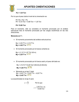 APUNTES CIMENTACIONES
125
Ps = 1.25 Ton
Por lo que el peso total al nivel de la cimentación es:
Pt= Pa + Pp + Ps
Pt= 13.72 Ton + 0.89 Ton + 1.25 Ton
Pt= 15.86 Ton
Para el momento, sólo se considera el momento provocado por el análisis
estructural más el momento provocado por las cargas excéntricas en las dos
direcciones:
Momento en Y :
• El momento proveniente del análisis estructural es:
My = 2.25 T*m + 2.15 T*m
My = 4.40 T*m
• El momento provocado por la fuerza cortante es:
My = (1.13 T+1.07 T)(1.00 m)
My = 2.20 T*m
• El momento provocado por la fuerza axial y el peso del dado es:
My = (13.72 T+0.29 T)((1.00m/2)-(0.40m/2))
My = 4.20 T*m
• Momento en el eje Y total:
My = 4.40 T*m + 2.20 T*m – 4.20 T*m
My = 2.40 T*m
La excentricidad en el eje X será:
𝑒 =
𝑀𝑦
𝑃
Por lo que
𝑒 =
2.40 𝑇𝑜𝑛 ∗ 𝑚
15.86 𝑇𝑜𝑛
 