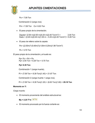 APUNTES CIMENTACIONES
140
Pa = 7.09 Ton
Combinación 2 (carga viva).
Pm = 7.09 Ton Cv= 6.63 Ton
• El peso propio de la cimentación.
Zapata= (2.00 m)(2.00 m)(0.25 m)(2.40 Ton/m3) = 2.40 Ton
Dado = (0.40 m)(0.40 m)(1.00 m – 0.25 m)(2.40 Ton/m3) = 0.29 Ton
• El peso de relleno sobre la zapata:
Ps= ((2.00m)2-(0.40m)2)(1.00m-0.25m)(1.98 Ton/m3)
Ps = 5.70 Ton
El peso propio de la cimentación y el suelo es:
Pp= Pz + Pd + Ps
Pp= 2.40 Ton + 0.29 Ton + 5.70 Ton
Pp= 8.39 Ton
Combinación 1 (carga muerta).
Pt = (7.09 Ton + 8.39 Ton)(1.40) = 21.67 Ton
Combinación 2 (carga muerta + carga viva).
Pt = (7.09 Ton + 8.39 Ton)(1.20) + (6.63 Ton)(1.60) = 29.18 Ton
Momento en Y:
Carga muerta:
• El momento proveniente del análisis estructural es:
My = 2.25 T*m
• El momento provocado por la fuerza cortante es:
 