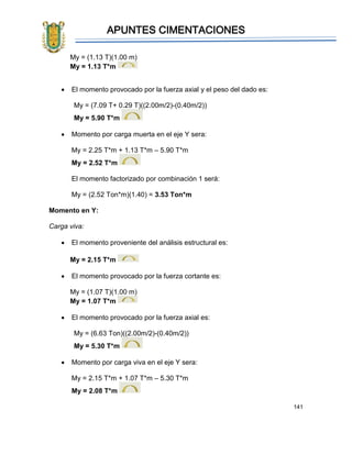 APUNTES CIMENTACIONES
141
My = (1.13 T)(1.00 m)
My = 1.13 T*m
• El momento provocado por la fuerza axial y el peso del dado es:
My = (7.09 T+ 0.29 T)((2.00m/2)-(0.40m/2))
My = 5.90 T*m
• Momento por carga muerta en el eje Y sera:
My = 2.25 T*m + 1.13 T*m – 5.90 T*m
My = 2.52 T*m
El momento factorizado por combinación 1 será:
My = (2.52 Ton*m)(1.40) = 3.53 Ton*m
Momento en Y:
Carga viva:
• El momento proveniente del análisis estructural es:
My = 2.15 T*m
• El momento provocado por la fuerza cortante es:
My = (1.07 T)(1.00 m)
My = 1.07 T*m
• El momento provocado por la fuerza axial es:
My = (6.63 Ton)((2.00m/2)-(0.40m/2))
My = 5.30 T*m
• Momento por carga viva en el eje Y sera:
My = 2.15 T*m + 1.07 T*m – 5.30 T*m
My = 2.08 T*m
 