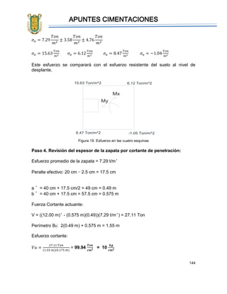 APUNTES CIMENTACIONES
144
𝜎 𝑎 = 7.29
𝑇𝑜𝑛
𝑚2
± 3.58
𝑇𝑜𝑛
𝑚2
± 4.76
𝑇𝑜𝑛
𝑚2
𝜎 𝑎 = 15.63
𝑇𝑜𝑛
𝑚2
𝜎 𝑎 = 6.12
𝑇𝑜𝑛
𝑚2
𝜎 𝑎 = 8.47
𝑇𝑜𝑛
𝑚2
𝜎 𝑎 = −1.04
𝑇𝑜𝑛
𝑚2
Este esfuerzo se comparará con el esfuerzo resistente del suelo al nivel de
desplante.
Figura 19. Esfuerzo en las cuatro esquinas
Paso 4. Revisión del espesor de la zapata por cortante de penetración:
Esfuerzo promedio de la zapata = 7.29 t/m²
Peralte efectivo: 20 cm – 2.5 cm = 17.5 cm
a´ = 40 cm + 17.5 cm/2 = 49 cm = 0.49 m
b´ = 40 cm + 17.5 cm = 57.5 cm = 0.575 m
Fuerza Cortante actuante:
V = ((12.00 m)² - (0.575 m)(0.49))(7.29 t/m²) = 27.11 Ton
Perímetro B0: 2(0.49 m) + 0.575 m = 1.55 m
Esfuerzo cortante:
𝑉𝑢 =
27.11 𝑇𝑜𝑛
(1.55 𝑚)(0.175 𝑚)
= 99.94
𝑻𝒐𝒏
𝒄𝒎 𝟐
= 10
𝒌𝒈
𝒄𝒎 𝟐
6.12 Ton/m^2
Mx
My
15.63 Ton/m^2
8.47 Ton/m^2 -1.05 Ton/m^2
 