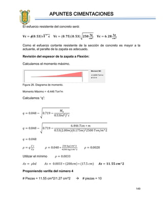 APUNTES CIMENTACIONES
149
El esfuerzo resistente del concreto será:
𝐕𝐜 = (𝟎. 𝟓𝟑)√𝐟´𝐜 𝐕𝐜 = (𝟎. 𝟕𝟓)(𝟎. 𝟓𝟑)√𝟐𝟓𝟎
𝐤𝐠
𝐜𝐦 𝟐
𝐕𝐜 = 𝟔. 𝟐𝟖
𝒌𝒈
𝒄𝒎 𝟐
Como el esfuerzo cortante resistente de la sección de concreto es mayor a la
actuante, el peralte de la zapata es adecuado.
Revisión del espesor de la zapata a Flexión:
Calculamos el momento máximo.
Figura 26. Diagrama de momento.
Momento Máximo = -6.446 Ton*m
Calculamos “q”:
𝑞 = 0.848 − √0.719 −
𝑀 𝑢
0.53𝑏𝑑2 𝑓´𝑐
𝑞 = 0.848 − √0.719 −
6.446 𝑇𝑜𝑛 ∗ 𝑚
0.53(2.00𝑚)(0.175𝑚)22500 𝑇𝑜𝑛/𝑚^2
𝑞 = 0.048
𝜌 = 𝑞
𝑓´𝑐
𝐹𝑦
𝜌 = 0.048 ∗
250 𝑘𝑔/𝑐𝑚^2
4200 𝑘𝑔/𝑐𝑚^2
𝜌 = 0.0028
Utilizar el mínimo 𝜌 = 0.0033
𝐴𝑠 = 𝜌𝑏𝑑 𝐴𝑠 = 0.0033 ∗ (200𝑐𝑚) ∗ (17.5 𝑐𝑚) 𝑨𝒔 = 𝟏𝟏. 𝟓𝟓 𝒄𝒎^𝟐
Proponiendo varilla del número 4
# Piezas = 11.55 cm^2/1.27 cm^2  # piezas = 10
 
