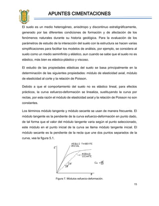 APUNTES CIMENTACIONES
15
El suelo es un medio heterogéneo, anisótropo y discontinuo estratigráficamente,
generado por las diferentes condiciones de formación y de afectación de los
fenómenos naturales durante su historia geológica. Para la evaluación de los
parámetros de estudio de la interacción del suelo con la estructura se hacen varias
simplificaciones para facilitar los modelos de análisis, por ejemplo, se considera al
suelo como un medio seminfinito y elástico, aun cuando se sabe que el suelo no es
elástico, más bien es elástico-plástico y viscoso.
El estudio de las propiedades elásticas del suelo se basa principalmente en la
determinación de las siguientes propiedades: módulo de elasticidad axial, módulo
de elasticidad al corte y la relación de Poisson.
Debido a que el comportamiento del suelo no es elástico lineal, para efectos
prácticos, la curva esfuerzo-deformación se linealiza, sustituyendo la curva por
rectas, por esta razón el módulo de elasticidad axial y la relación de Poisson no son
constantes.
Los términos módulo tangente y módulo secante se usan de manera frecuente. El
módulo tangente es la pendiente de la curva esfuerzo-deformación en punto dado,
de tal forma que el valor del módulo tangente varia según el punto seleccionado,
este módulo en el punto inicial de la curva se llama módulo tangente inicial. El
módulo secante es la pendiente de la recta que une dos puntos separados de la
curva, vea la figura 5.1.
Figura 7. Módulos esfuerzo-deformación.
 