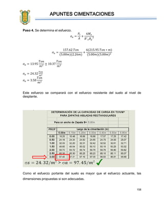 APUNTES CIMENTACIONES
158
Paso 4. Se determina el esfuerzo.
𝜎 𝑎 =
𝑃𝑡
𝐴
+
6𝑀𝑥
𝐵´ 𝑥 𝐵𝑦
2
𝜎 𝑎 =
157.62 𝑇𝑜𝑛
(5.00𝑚)(2.26𝑚)
+
6(215.95 𝑇𝑜𝑛 ∗ 𝑚)
(5.00𝑚)(5.00𝑚)2
𝜎 𝑎 = 13.95
𝑇𝑜𝑛
𝑚2
± 10.37
𝑇𝑜𝑛
𝑚2
𝜎 𝑎 = 24.32
𝑇𝑜𝑛
𝑚2
𝜎 𝑎 = 3.58
𝑇𝑜𝑛
𝑚2
Este esfuerzo se comparará con el esfuerzo resistente del suelo al nivel de
desplante.
Como el esfuerzo portante del suelo es mayor que el esfuerzo actuante, las
dimensiones propuestas si son adecuadas.
 