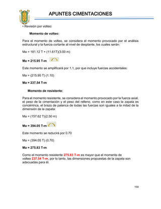 APUNTES CIMENTACIONES
159
• Revisión por volteo:
Momento de volteo:
Para el momento de volteo, se considera el momento provocado por el análisis
estructural y la fuerza cortante al nivel de desplante, los cuales serán:
Ma = 181.12 T + (11.61T)(3.00 m)
Ma = 215.95 T-m
Este momento se amplificará por 1.1, por que incluye fuerzas accidentales:
Ma = (215.95 T) (1.10)
Ma = 237.54 T-m
Momento de resistente:
Para el momento resistente, se considera el momento provocado por la fuerza axial,
el peso de la cimentación y el peso del relleno, como en este caso la zapata es
concéntrica, el brazo de palanca de todas las fuerzas son iguales a la mitad de la
dimensión de la zapata:
Ma = (157.62 T)(2.50 m)
Ma = 394.05 T-m
Este momento se reducirá por 0.70
Ma = (394.05 T) (0.70)
Ma = 275.83 T-m
Como el momento resistente 275.83 T-m es mayor que el momento de
volteo 237.54 T-m, por lo tanto, las dimensiones propuestas de la zapata son
adecuadas para él.
 