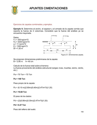 APUNTES CIMENTACIONES
160
Ejercicios de zapatas combinadas y ejemplos.
Ejemplo 9. Determine el ancho, el espesor y el armado de la zapata corrida que
soporta la fuerza de 2 columnas. Considere que la fuerza del análisis ya se
encuentra mayorada.
Datos:
f´c = 200 kg/cm^2
Fy = 4200 kg/cm^2
q = 11 ton/m^2
δ = 1300 kg/m^3
Df =1.30 m
Figura 31. Dimensiones zapata.
Se proponen dimensiones preliminares de la zapata:
B = 2.80 m h= 40 cm
Calculo de la fuerza total sobre el terreno:
La fuerza proveniente del análisis estructural (cargas vivas, muertas, sismo, viento,
etc.)
Pa = 70 Ton + 70 Ton
Pa = 140 Ton
Peso propio de la zapata:
Pz = (6.10 m)(2.80m)(0.40m)(2.4T/m^3)(1.20)
Pz = 19.68 Ton
El peso de los dados:
Pd = (2)(0.90m)(0.30m)(2.4T/m^3)(1.20)
Pd = 0.47 Ton
Peso del relleno del suelo:
 