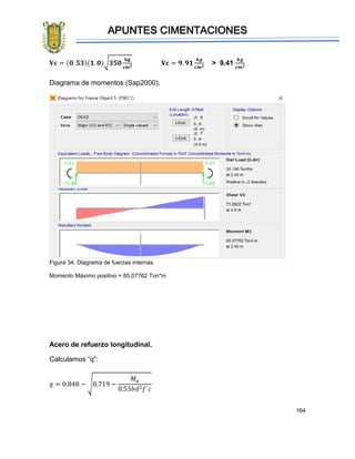 APUNTES CIMENTACIONES
164
𝐕𝐜 = (𝟎. 𝟓𝟑)(𝟏. 𝟎)√𝟑𝟓𝟎
𝐤𝐠
𝐜𝐦 𝟐
𝐕𝐜 = 𝟗. 𝟗𝟏
𝒌𝒈
𝒄𝒎 𝟐
> 9.41
𝒌𝒈
𝒄𝒎 𝟐
Diagrama de momentos (Sap2000).
Figura 34. Diagrama de fuerzas internas.
Momento Máximo positivo = 85.07762 Ton*m
Acero de refuerzo longitudinal.
Calculamos “q”:
𝑞 = 0.848 − √0.719 −
𝑀 𝑢
0.53𝑏𝑑2 𝑓´𝑐
 