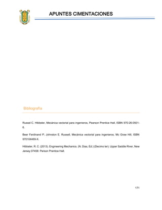 APUNTES CIMENTACIONES
171
Bibliografía
Russel C. Hibbeler, Mecánica vectorial para ingenieros, Pearson Prentice Hall, ISBN 970-26-0501-
6.
Beer Ferdinand P; Johnston E. Russell, Mecánica vectorial para ingenieros, Mc Graw Hill, ISBN
970104469-X.
Hibbeler, R. C. (2013). Engineering Mechanics. (N. Dias, Ed.) (Decimo ter). Upper Saddle River, New
Jersey 07458: Person Prentice Hall.
 