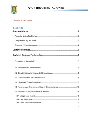APUNTES CIMENTACIONES
3
Contenido Temático
Contenido
Acerca del Curso................................................................................................... 2
Propósito general del curso ................................................................................. 2
Competencia (s) del curso.................................................................................. 2
Evidencia (s) de desempeño ............................................................................... 2
Contenido Temático.............................................................................................. 3
Capítulo I. Conceptos Fundamentales .................................................................... 5
Competencia de unidad I..................................................................................... 5
1.1 Definición de Cimentaciones. ........................................................................ 5
1.2 Características del diseño de Cimentaciones. ............................................... 7
1.3 Clasificación de las Cimentaciones. .............................................................. 8
1.4 Interacción Suelo-Estructura........................................................................ 13
1.5 Factores que determinan el tipo de Cimentaciones..................................... 16
1.6 Distribución de presiones en el terreno........................................................ 17
1.6.1 Falla por corte General ..................................................................................................... 18
1.6.2. Falla al corte local ............................................................................................................ 18
1.63. Falla al corte por punzonamiento...................................................................................... 20
 