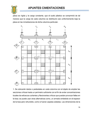APUNTES CIMENTACIONES
76
placa es rígida y la carga constante, que el suelo plástico se comprimirá de tal
manera que la carga de cada columna se distribuirá casi uniformemente bajo la
placa en las inmediaciones de dicha columna particular.
1. Se colocarán dados o pedestales en cada columna con el objeto de ampliar las
secciones críticas hasta un perímetro suficiente con el fin de evitar concentraciones
locales de esfuerzos cortantes y flexionantes críticos que puedan provocar fallas en
la losa; se puede usar otras alternativas como, un armado embebido en el espesor
de la losa pero rehundido, como si fueran zapatas aisladas. Las dimensiones de la
 