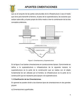 APUNTES CIMENTACIONES
8
que es el conjunto de las partes estructurales de la infraestructura o sea el medio
que sirve para transmitir al terreno, el peso de la superestructura, las acciones que
actúan sobre ella y el peso propio de dicho medio o bien la combinación de los dos
conceptos anteriores.
Figura 3. Cimentaciones y Superestructura
En la figura 3 se ilustran cimentaciones en construcciones típicas. Comúnmente se
define a la superestructura e infraestructura de la siguiente manera: la
superestructura es la parte de la construcción que se realiza con el objeto
fundamental de ser utilizada por el hombre, la infraestructura es la parte de la
construcción que es necesaria para apoyar a la superestructura.
1.3 Clasificación de las Cimentaciones.
En general se pueden dividir a los diversos tipos de cimentaciones en dos grandes
grupos:
a) Cimentaciones superficiales.
 
