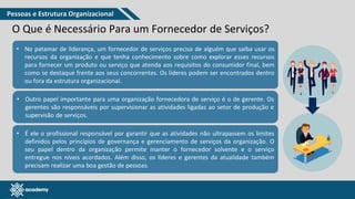 www.pmgacademy.com
O Que é Necessário Para um Fornecedor de Serviços?
• No patamar de liderança, um fornecedor de serviços precisa de alguém que saiba usar os
recursos da organização e que tenha conhecimento sobre como explorar esses recursos
para fornecer um produto ou serviço que atenda aos requisitos do consumidor final, bem
como se destaque frente aos seus concorrentes. Os líderes podem ser encontrados dentro
ou fora da estrutura organizacional.
• Outro papel importante para uma organização fornecedora de serviço é o de gerente. Os
gerentes são responsáveis por supervisionar as atividades ligadas ao setor de produção e
supervisão de serviços.
• É ele o profissional responsável por garantir que as atividades não ultrapassem os limites
definidos pelos princípios de governança e gerenciamento de serviços da organização. O
seu papel dentro da organização permite manter o fornecedor solvente e o serviço
entregue nos níveis acordados. Além disso, os líderes e gerentes da atualidade também
precisam realizar uma boa gestão de pessoas.
Pessoas e Estrutura Organizacional
 
