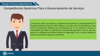 www.pmgacademy.com
Competências Genéricas Para o Gerenciamento de Serviços
É necessário contar com algumas competências empresariais e comportamentais. O
Programa Executivo (Gartner EXP) elaborou uma lista com 25 competências. Essa
lista foi inicialmente definida para profissionais de TI, no intuito de mostrar a
necessidade que existe em desenvolver competências genéricas, uma vez que elas
podem ser utilizadas para definir funções na organização e dar o suporte adequado
tanto ao consumidor, quanto ao fornecedor.
Pessoas e Estrutura Organizacional
 