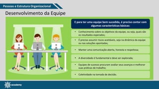 www.pmgacademy.com
Desenvolvimento da Equipe
E para ter uma equipe bem sucedida, é preciso contar com
algumas características básicas:
• Conhecimento sobre os objetivos da equipe, ou seja, quais são
os resultados esperados;
• É preciso assumir riscos aceitáveis, seja na dinâmica da equipe
ou nas soluções apontadas;
• Manter uma comunicação aberta, honesta e respeitosa;
• A diversidade é fundamental e deve ser explorada;
• Equipes de sucesso procuram avaliar seus avanços e melhorar
suas práticas de trabalho;
• Coletividade na tomada de decisão.
Pessoas e Estrutura Organizacional
 