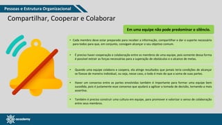 www.pmgacademy.com
Compartilhar, Cooperar e Colaborar
Em uma equipe não pode predominar o silêncio.
• Cada membro deve estar preparado para receber a informação, compartilhar e dar o suporte necessário
para todos para que, em conjunto, consigam alcançar o seu objetivo comum.
• É preciso haver cooperação e colaboração entre os membros de uma equipe, pois somente dessa forma
é possível extrair as forças necessárias para a superação de obstáculos e o alcance de metas.
• Quando uma equipe colabora e coopera, ela atinge resultados que jamais teria condições de alcançar
se fizesse de maneira individual, ou seja, nesse caso, o todo é mais do que a soma de suas partes.
• Haver um consenso entre as partes envolvidas também é importante para formar uma equipe bem
sucedida, pois é justamente esse consenso que ajudará a agilizar a tomada de decisão, tornando-a mais
assertiva.
• Também é preciso construir uma cultura em equipe, para promover e valorizar o senso de colaboração
entre seus membros.
Pessoas e Estrutura Organizacional
 