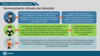 www.pmgacademy.com
Gerenciamento Através das Gerações
Gerenciamento Através das Gerações
A geração Baby Bommers, por ser uma geração que viu os
pais trabalhando excessivamente, não tem tanto
interesse em carreira a longo prazo ou títulos de status. O
principal foco é justamente desenvolver um equilíbrio
entre trabalho e família.
A geração X tem um alto grau de
independência, ou seja, gostam de resolver os
próprios problemas ao invés de serem
liderados. Nesse sentido os gestores precisam
focar na atribuição de tarefas individuais.
A geração Y são os famosos millenniuns. Ou seja, são aqueles que
acreditam que conseguem fazer tudo, e que precisam,
obrigatoriamente, receber feedbacks e receber orientações sobre seu
trabalho. Os colaboradores dessa geração também tendem a valorizar
a flexibilidade no trabalho, uma vez que focam em suas famílias.
Para gerenciar grupos assim é
necessário focar no trabalho em
equipe, horários flexíveis e
oferecer oportunidades de
aprendizado.
A Geração Z é uma geração que está em desenvolvimento. Por viver sempre conectada, esperar por respostas
não é uma de suas habilidades. Por terem nascido na explosão da web, tem uma excelente capacidade de ser
multitarefas. Em contrapartida, devido ao volume excessivo de dados, tem dificuldades de se socializar e
também de checar informações.
Pessoas e Estrutura Organizacional
 