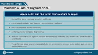 www.pmgacademy.com
www.pmgacademy.com
Mudança
Fracasso
Mudando a Cultura Organizacional
• Revolucionária
ao invés de
evolutiva
• Uma dica é fazer com que todos se
sintam parte da organização
independente de onde trabalham
• Existe uma série de ações que cria uma cultura de culpa, tais
como:
✓ Culpar alguém quando algo der errado;
✓ Desistir quando algo der errado;
✓ Reclamar, reclamar e reclamar dos problemas;
✓ Exagerar um problema;
✓ Concentrar-se nos negativos;
✓ Evitar riscos.
Agora, ações que não fazem criar a cultura de culpa:
• Compartilhar o erro e começar a resolver problemas;
• Procurar oportunidades para aprender com o problema e melhorar;
• Procurar soluções e discutir em equipe;
• Avaliar e gerenciar o impacto do problema;
• Pensar fora da caixa, assumir riscos calculados em um ambiente em que todos saibam que não serão
punidos pelos erros.
• Procurar e concentrar nos aspectos positivos decorrentes do problema - veja-o como uma oportunidade de
aprendizado;
Organização de Serviços
 