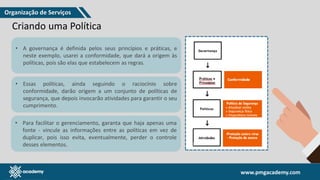 www.pmgacademy.com
www.pmgacademy.com
Criando uma Política
• A governança é definida pelos seus princípios e práticas, e
neste exemplo, usarei a conformidade, que dará a origem às
políticas, pois são elas que estabelecem as regras.
• Essas políticas, ainda seguindo o raciocínio sobre
conformidade, darão origem a um conjunto de políticas de
segurança, que depois invocarão atividades para garantir o seu
cumprimento.
• Para facilitar o gerenciamento, garanta que haja apenas uma
fonte - vincule as informações entre as políticas em vez de
duplicar, pois isso evita, eventualmente, perder o controle
desses elementos.
Organização de Serviços
 