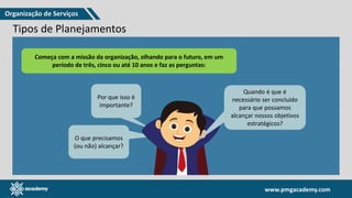 www.pmgacademy.com
www.pmgacademy.com
Estratégicos
Táticos
Operacionais
Tipos de Planejamentos
Uma vez definidos os princípios de governança, eles acionam várias atividades de planejamento dentro da
organização, normalmente uma vez ao ano, ou com maior frequência.
Três níveis O planejamento estratégico é
realizado pelos níveis mais altos de
uma organização, trabalhando com
o corpo diretivo.
Começa com a missão da organização, olhando para o futuro, em um
período de três, cinco ou até 10 anos e faz as perguntas:
O que precisamos
(ou não) alcançar?
Por que isso é
importante?
Quando é que é
necessário ser concluído
para que possamos
alcançar nossos objetivos
estratégicos?
Organização de Serviços
 