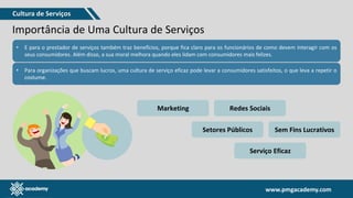 www.pmgacademy.com
www.pmgacademy.com
Importância de Uma Cultura de Serviços
• E para o prestador de serviços também traz benefícios, porque fica claro para os funcionários de como devem interagir com os
seus consumidores. Além disso, a sua moral melhora quando eles lidam com consumidores mais felizes.
• Para organizações que buscam lucros, uma cultura de serviço eficaz pode levar a consumidores satisfeitos, o que leva a repetir o
costume.
Marketing Redes Sociais
Setores Públicos Sem Fins Lucrativos
Serviço Eficaz
Cultura de Serviços
 