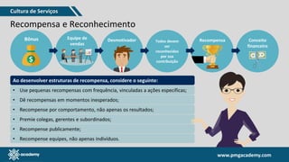 www.pmgacademy.com
www.pmgacademy.com
Recompensa e Reconhecimento
Todos devem
ser
reconhecidos
por sua
contribuição
Equipe de
vendas
Bônus Desmotivador Recompensa Conceito
financeiro
Ao desenvolver estruturas de recompensa, considere o seguinte:
• Use pequenas recompensas com frequência, vinculadas a ações específicas;
• Dê recompensas em momentos inesperados;
• Recompense por comportamento, não apenas os resultados;
• Premie colegas, gerentes e subordinados;
• Recompense publicamente;
• Recompense equipes, não apenas indivíduos.
Cultura de Serviços
 