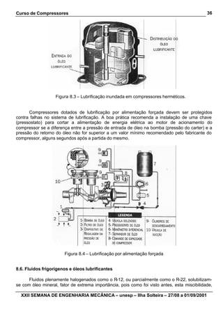 Curso de Compressores                                                                         36




                   Figura 8.3 – Lubrificação inundada em compressores herméticos.


      Compressores dotados de lubrificação por alimentação forçada devem ser protegidos
contra falhas no sistema de lubrificação. A boa prática recomenda a instalação de uma chave
(pressostato) para cortar a alimentação de energia elétrica ao motor de acionamento do
compressor se a diferença entre a pressão de entrada de óleo na bomba (pressão do carter) e a
pressão do retorno do óleo não for superior a um valor mínimo recomendado pelo fabricante do
compressor, alguns segundos após a partida do mesmo.




                        Figura 8.4 – Lubrificação por alimentação forçada


8.6. Fluidos frigorígenos e óleos lubrificantes

      Fluidos plenamente halogenados como o R-12, ou parcialmente como o R-22, solubilizam-
se com óleo mineral, fator de extrema importância, pois como foi visto antes, esta miscibilidade,

  XXII SEMANA DE ENGENHARIA MECÂNICA – unesp – Ilha Solteira – 27/08 a 01/09/2001
 