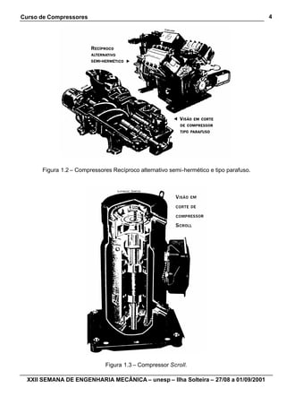 Curso de Compressores                                                                    4




       Figura 1.2 – Compressores Recíproco alternativo semi-hermético e tipo parafuso.




                              Figura 1.3 – Compressor Scroll.

  XXII SEMANA DE ENGENHARIA MECÂNICA – unesp – Ilha Solteira – 27/08 a 01/09/2001
 