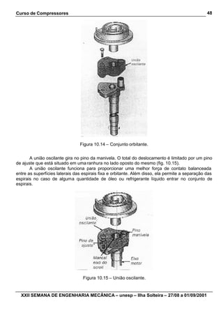 Curso de Compressores
XXII SEMANA DE ENGENHARIA MECÂNICA – unesp – Ilha Solteira – 27/08 a 01/09/2001
48
Figura 10.14 – Conjunto orbitante.
A união oscilante gira no pino da manivela. O total do deslocamento é limitado por um pino
de ajuste que está situado em uma ranhura no lado oposto do mesmo (fig. 10.15).
A união oscilante funciona para proporcionar uma melhor força de contato balanceada
entre as superfícies laterais das espirais fixa e orbitante. Além disso, ela permite a separação das
espirais no caso de alguma quantidade de óleo ou refrigerante líquido entrar no conjunto de
espirais.
Figura 10.15 – União oscilante.
 