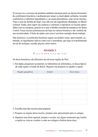 C onf eiteir o 1
O excesso ou a escassez de produtos também tomaram parte no desenvolvimento
da confeitaria brasileira e acabaram por atiçar a criatividade culinária, levando
confeiteiros a substituir ingredientes e, ao assim procederem, criar novas receitas.
Veja o caso da farinha de trigo: esse não era um ingrediente abundante no Brasil
colonial. Então, para suprir sua carência e continuar a reproduzir as receitas apren-
didas com os europeus, passou-se a usar a farinha extraída da mandioca em doces
e bolos. Essas receitas permanecem até hoje na cultura brasileira e são símbolo de
sua inventividade. O bolo de aipim com coco é um bom exemplo dessa tradição.
Não demorou e a confeitaria brasileira seguiu seu próprio rumo, aproveitando, so-
bretudo, os ingredientes nativos como coco e amendoim, que logo se transformaram
em pé de moleque, cocada, paçoca, entre outros.
Atividade 3
A co n fe itAriA e A s reg i õ es
Os doces brasileiros são diferentes nas diversas regiões do País.
1. Em dupla, pesquisem na internet, no laboratório de informática, os doces típicos
de cada região e Estado do Brasil. Registre sua pesquisa no quadro a seguir.
2. Escolha uma das receitas para preparar.
3. Pesquise as origens dessa receita e prepare uma apresentação para os colegas.
4. Organize uma festa regional: prepare a receita, use algum ornamento que lembre
a região ou vista-se a caráter e conte aos colegas a história desse doce.
Arco Ocupacional G a s t r o n o m i a 17
Região geográfica Estado Doce típico
 