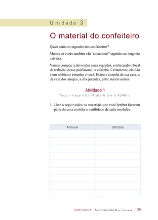 C onf eiteir o 1
u n i d a d e 3
O material do confeiteiro
Quais serão os segredos dos confeiteiros?
Muitos de vocês também vão “colecionar” segredos ao longo da
carreira.
Vamos começar a desvendar esses segredos, conhecendo o local
de trabalho desse profssional: a cozinha. Certamente, ela não
é um ambiente estranho a você. Existe a cozinha da sua casa, a
da casa dos amigos, a dos parentes, entre muitas outras.
Atividade 1
reco n h ece n d o A áre A d e tr AbAlh o
1. Liste a seguir todos os materiais que você lembra fazerem
parte de uma cozinha e a utilidade de cada um deles.
Arco Ocupacional G a s t r o n o m i a 39
Material Utilidade
 