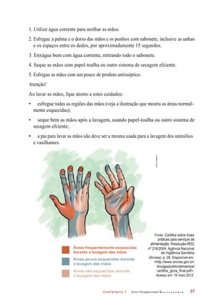 2. Esfregue
C onf eiteir o 1
1. Utilize água corrente para molhar as mãos.
e os espaços entre os dedos, por aproximadamente 15 segundos.
3. Enxágue bem com água corrente, retirando todo o sabonete.
4. Seque as mãos com papel-toalha ou outro sistema de secagem efciente.
5. Esfregue as mãos com um pouco de produto antisséptico.
Atenção!
Ao lavar as mãos, fque atento a estes cuidados:
• esfregue todas as regiões das mãos (veja a ilustração que mostra as áreas normal-
mente esquecidas);
• seque bem as mãos após a lavagem, usando papel-toalha ou outro sistema de
secagem efciente;
• a pia para lavar as mãos não deve ser a mesma usada para a lavagem dos utensílios
e vasilhames.
Áreas frequentemente esquecidas
durante a lavagem das mãos
Áreas pouco esquecidas durante
a lavagem das mãos
Áreas não esquecidas durante
a lavagem das mãos
Fonte: Cartilha sobre boas
práticas para serviços de
alimentação. Resolução-RDC
nº 216/2004. Agência Nacional
de Vigilância Sanitária
(Anvisa). p. 28. Disponível em:
<http://www.anvisa.gov.br/
divulga/public/alimentos/
cartilha_gicra_final.pdf>.
Acesso em: 16 maio 2012.
Arco Ocupacional G a s t r o n o m i a
o dorso das punhos com sabonete, inclusive
57
a palma e mãos e os as unhas
HudsonCalasans
 
