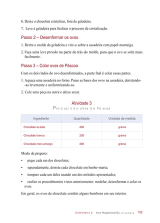2. Faça
C onf eiteir o 2
6. Deixe o chocolate cristalizar, fora da geladeira.
7. Leve à geladeira para fnalizar o processo de cristalização.
Passo 2 – Desenformar os ovos
1. Retire o molde da geladeira e vire-o sobre a assadeira com papel-manteiga.
facilmente.
pressão molde,
Passo 3 – Colar ovos de Páscoa
Com os dois lados do ovo desenformados, a parte fnal é colar essas partes.
1. Aqueça uma assadeira no forno. Passe as bases dos ovos na assadeira, derretendo-
-as levemente e uniformizando-as.
2. Cole uma peça na outra e deixe secar.
Atividade 3
Pro d uzi n d o oVos d e Pá scoa
Modo de preparo:
• pique cada um dos chocolates;
• separadamente, derreta cada chocolate em banho-maria;
• tempere cada um deles usando um dos métodos apresentados;
• realize os procedimentos vistos anteriormente: modelar, desenformar e colar os
ovos.
Em geral, os ovos de chocolate contêm alguns bombons em seu interior.
Arco Ocupacional G a s t r o n o m i a 105
uma leve na parte de trás do para que o ovo se solte mais
Ingrediente Quantidade Unidade de medida
Chocolate ao leite 400 grama
Chocolate branco 200 grama
Chocolate meio amargo 400 grama
 