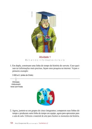 Atividade 1
ex tr ai n d o i n fo rmaçõ es d o te x to
1. Em dupla, construam uma linha do tempo da história do sorvete. Caso quei-
ram ter informações mais precisas, façam uma pesquisa na internet. Vejam o
primeiro exemplo:
3 000 a.C. (antes de Cristo)
Chineses
misturavam
neve com frutas
2. Agora, juntem-se em grupos de cinco integrantes; comparem suas linhas do
tempo e produzam outra linha do tempo em equipe, agora para apresentar para
a sala de aula. Utilizem o material de arte para ilustrar os momentos da história.
Arco Ocupacional G a s t r o n o m i a Confeiteiro 2126
©HudsonCalasans
 