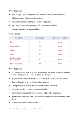 Modo de preparo:
• leve ao fogo a água e o açúcar e ferva até diluir o açúcar (cinco minutos);
• adicione o suco e o licor, após tirar do fogo;
• coloque a mistura em uma tigela e leve ao congelador;
• para servir, raspe com o garfo para dar a textura de raspadinha;
• sirva em taças, com um pouco de licor.
4. Sufê gelado
Modo de preparo:
• corte tiras de acetato e arrume-as ao redor dos ramequins prendendo com fta
adesiva e ultrapassando a fôrma na altura que desejar;
• prepare a calda em ponto bolha (114 °C) com água, 140 g de açúcar e glicose;
• bata as claras em neve e os 30 g do açúcar restante;
• incorpore a calda às claras batidas, batendo sempre até esfriar;
• desligue a batedeira e misture a pasta de pistache;
• acrescente o creme de leite batido em picos médios, delicadamente;
• preencha os ramequins com a mistura e leve ao freezer até endurecer (quatro
hora s);
• quando frme, retire o acetato e sirva.
Arco Ocupacional G a s t r o n o m i a Confeiteiro 2132
Ingrediente Quantidade Unidade de medida
Clara 90 grama
Açúcar refinado 170 grama
Glicose 20 grama
Água 50 mililitro
Pasta de pistache
(ou outro sabor)
55 grama
Creme de leite fresco 450 mililitro
 