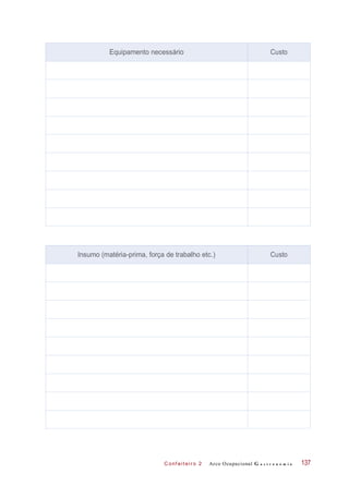 C onf eiteir o 2 Arco Ocupacional G a s t r o n o m i a 137
Equipamento necessário Custo
Insumo (matéria-prima, força de trabalho etc.) Custo
 