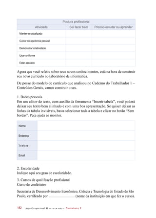 Agora que você refetiu sobre seus novos conhecimentos, está na hora de construir
seu novo currículo no laboratório de informática.
De posse do modelo de currículo que analisou no Caderno do Trabalhador 1 –
Conteúdos Gerais, vamos construir o seu.
1. Dados pessoais
Em um editor de texto, com auxílio da ferramenta “Inserir tabela”, você poderá
deixar seu texto bem alinhado e com uma boa apresentação. Se quiser deixar as
linhas da tabela invisíveis, basta selecionar toda a tabela e clicar no botão “Sem
bordas”. Peça ajuda ao monitor.
2. Escolaridade
Indique aqui seu grau de escolaridade.
3. Cursos de qualifcação profssional
Curso de confeiteiro
Secretaria de Desenvolvimento Econômico, Ciência e Tecnologia do Estado de São
Paulo, certifcado por
Arco Ocupacional G a s t r o n o m i a Confeiteiro 2
(nome da instituição em que fez o curso).
152
Postura profissional
Atividade Sei fazer bem Preciso estudar ou aprender
Manter-se atualizado
Cuidar da aparência pessoal
Demonstrar criatividade
Usar uniforme
Estar asseado
Nome
Endereço
Te l e f o n e
Email
 